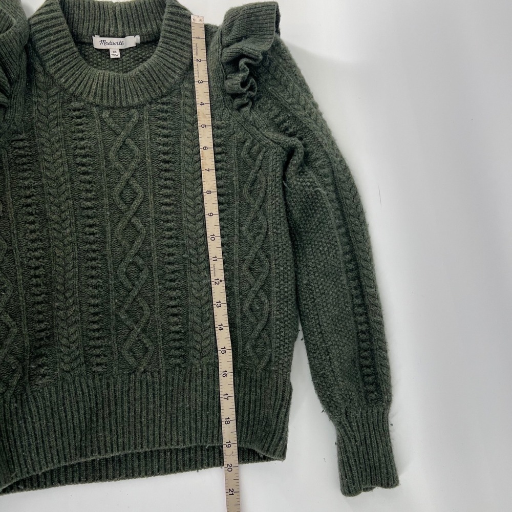 Madewell Hollydene Sweater XS Green Merino Wool Cable Knit Ruffle Puff Sleeve - Picture 7 of 8